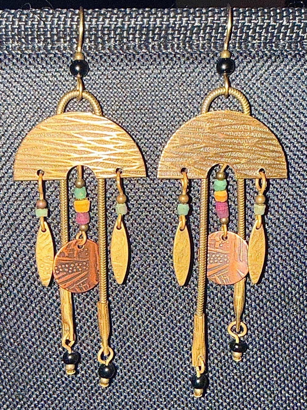 Vintage Brass Dangle Earrings Tribal Boho Geometric Beads Mixed Metal 3 Inch